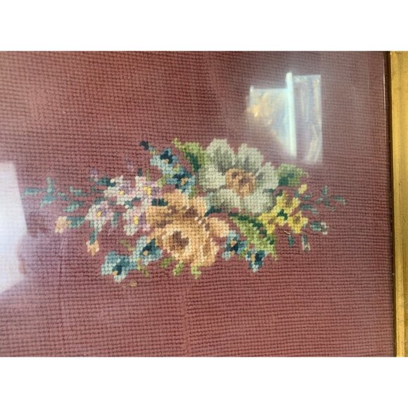 Vintage Framed Floral Needlepoint Art with Wood Frame & Glass Cover - Picture 2 of 11